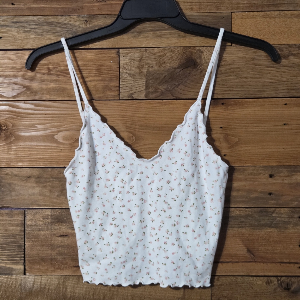 John Galt Floral Cropped Cami Top White Pink Spaghetti Strap Y2K Cotton